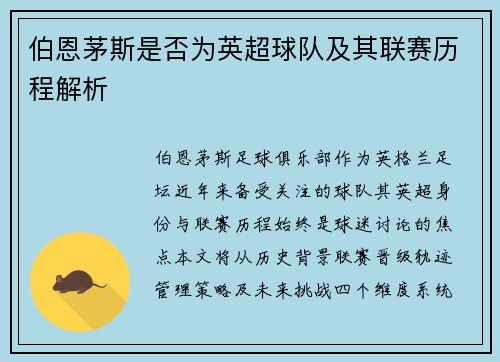 伯恩茅斯是否为英超球队及其联赛历程解析