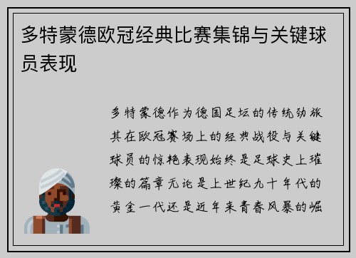 多特蒙德欧冠经典比赛集锦与关键球员表现